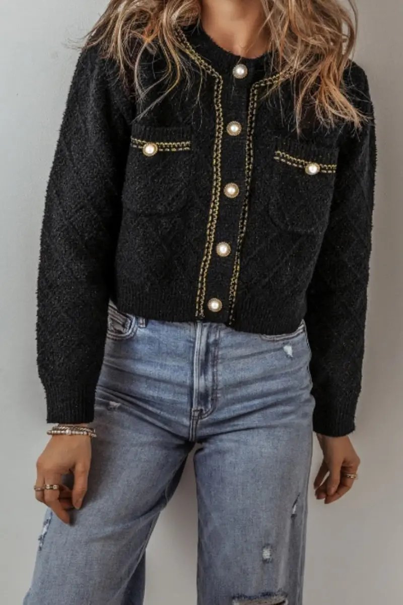 Round Neck Button Up Long Sleeve Cardigan - Love Salve